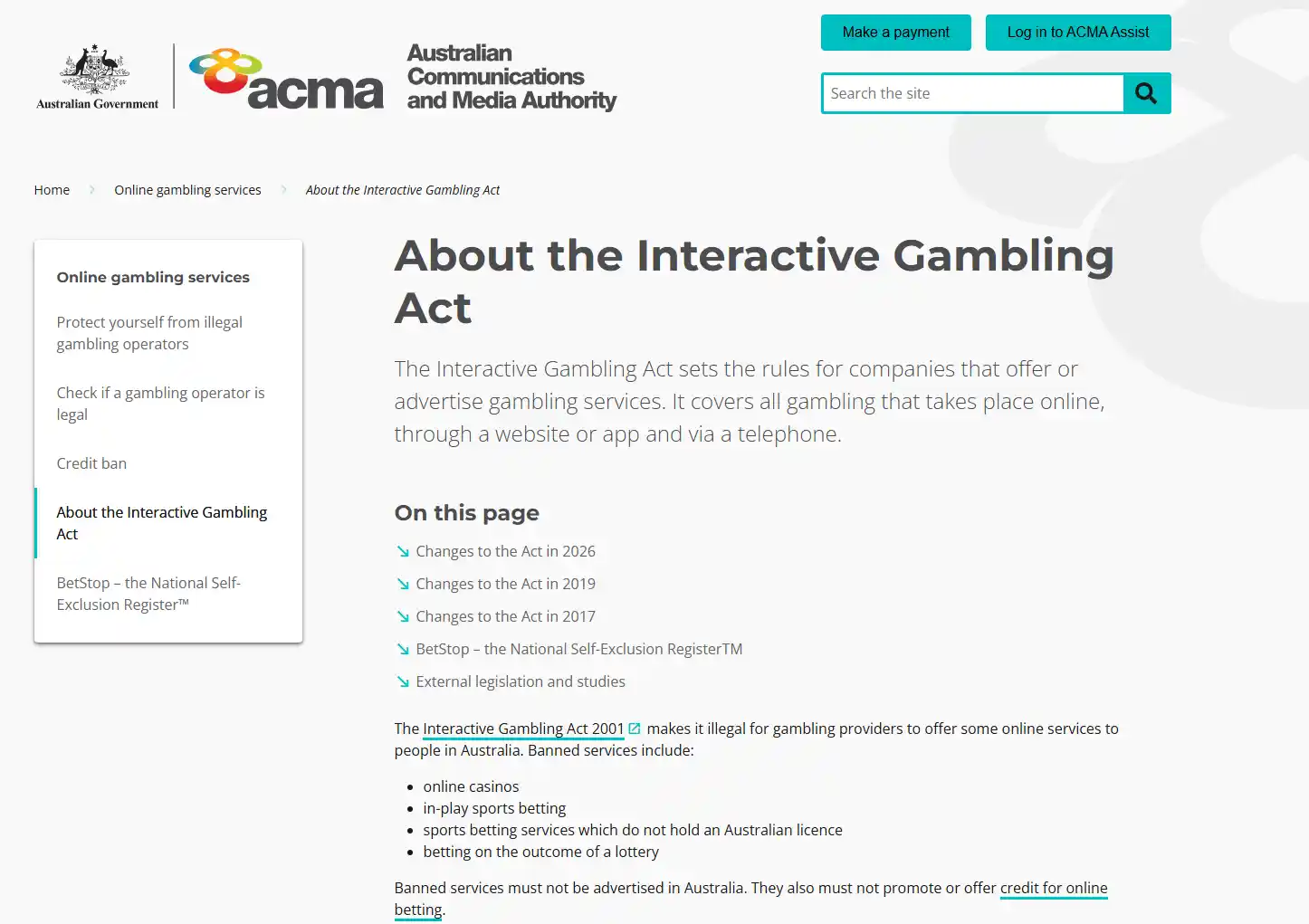 ACMA information explaining Australian rules for prohibited interactive gambling services