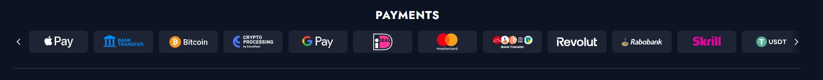 Current Crusino cashier or payments page showing payment method categories for an Australian account