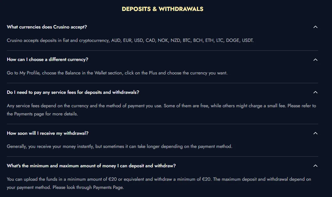 Current Crusino withdrawal or FAQ screen showing withdrawal information for an Australian-facing account