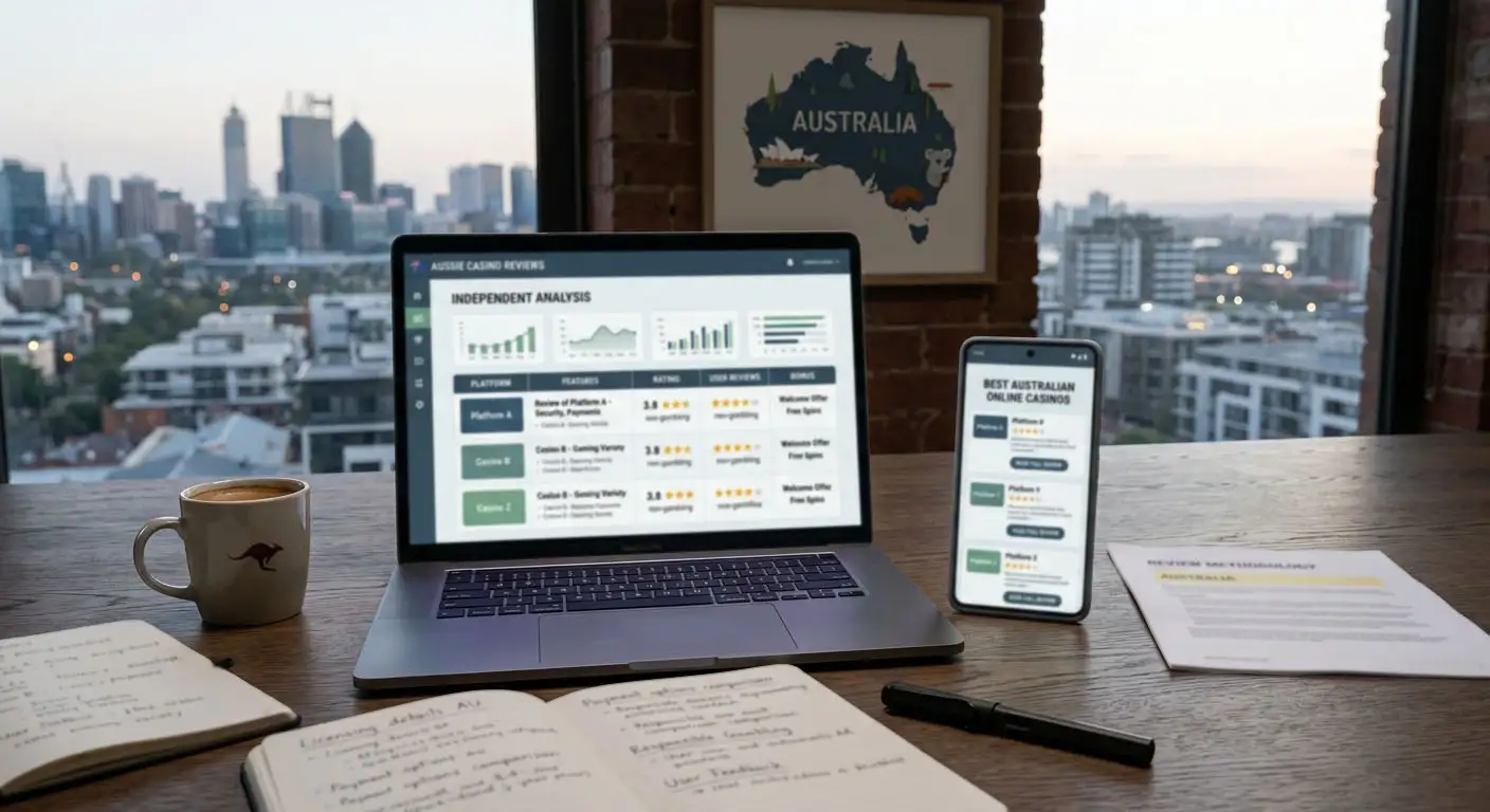 Editorial illustration representing an independent Crusino review with Australian mobile and desktop context